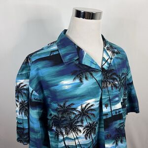 RJC 3XL USA Made Hawaiian Aloha Shirt Beach Palms Blue Green 100% Cotton